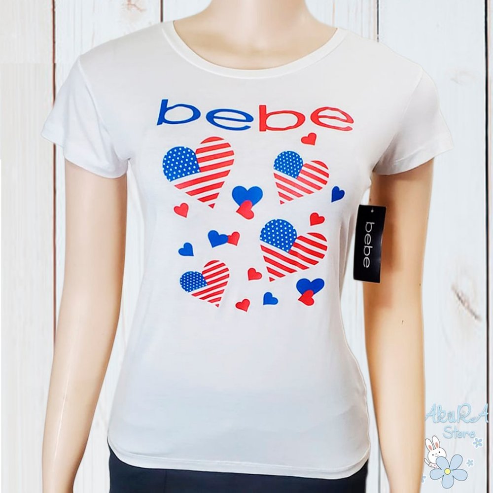 NWT BEBE AUTHENTIC JULY 4TH WOMEN'S WHITE CREW NECK SHORT SLEEVE T-SHIRT M L XL